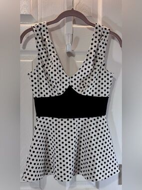 NWOT Unique Vintage Black and White Polka Dot Peplum Top Size 2-XS